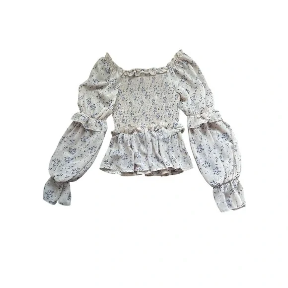 Pink Floral Long Sleeve Peplum Puff Sleeve Smocked Boutique Top Blouse Womens 8 - Picture 5 of 5